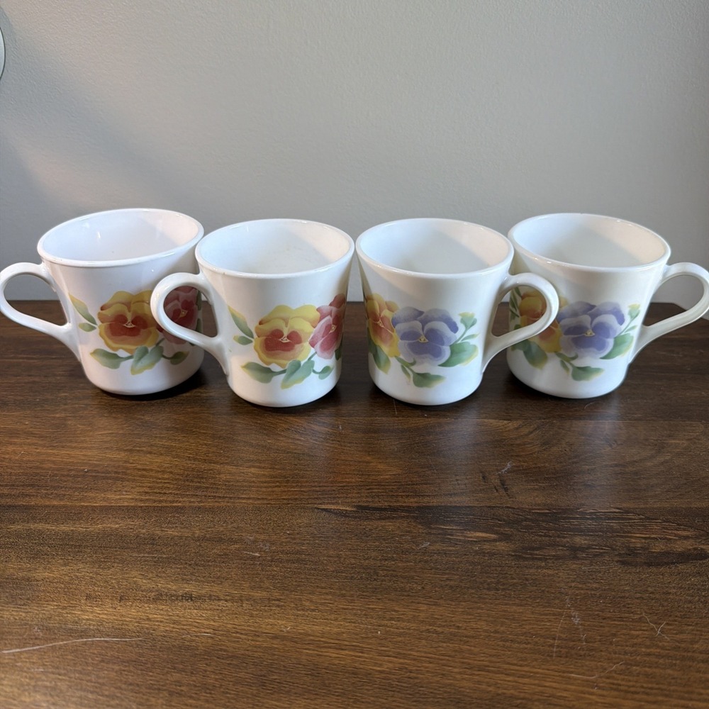 Vintage Set of 4 Corning Corelle Summer Blush Coffee Mugs Pansy Pink Blue Yellow